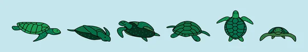 一套乌龟动物卡通图标设计模板与各种模型 在蓝色背景上孤立的向量图 — 图库矢量图片