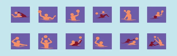 一套水球运动卡通图标设计模板与各种型号 在蓝色背景上孤立的向量图 — 图库矢量图片