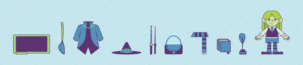 Set of wizard school cartoon icon design template with various models. vector illustration isolated on blue background vector Set of wizard school cartoon icon design template with various models. vector illustration isolated on blue background vector