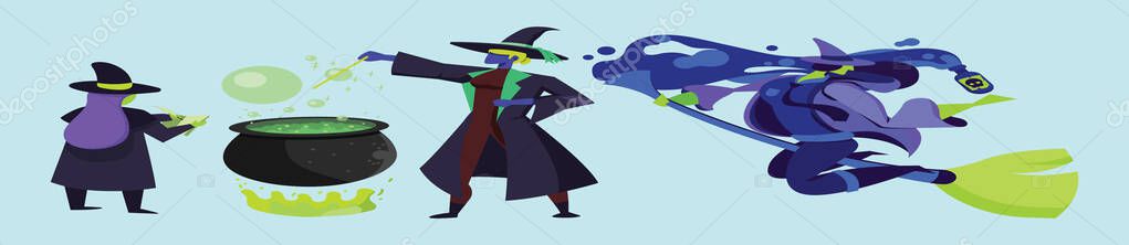 Set of wizard school cartoon character design template with various models. vector illustration isolated on blue background vector Set of wizard school cartoon character design template with various models. vector illustration isolated on blue background vector