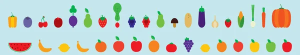一套水果蔬菜卡通图标设计模板与各种型号 在蓝色背景上孤立的向量图 — 图库矢量图片