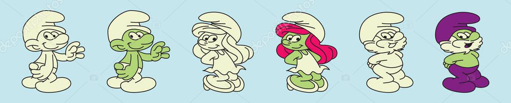 Set of smurfs cartoon icon design template with various models. vector illustration isolated on blue background