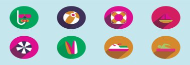 Plaj modern karikatür tasarım şablonu ve çeşitli modeller. Mavi arkaplanda izole edilmiş vektör illüstrasyonu