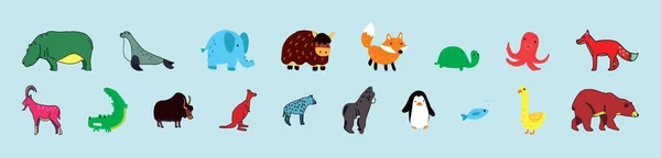 Gran Conjunto Vectores Con Animales Estilo Dibujos Animados Con Varios — Vector de stock