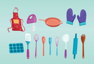 Mutfak aletleri karikatür ikonu tasarım şablonu çeşitli modeller. Mavi arkaplanda izole edilmiş vektör illüstrasyonu