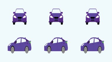 Çeşitli modelli bir araba seti. Ön ve yan görüş. Arkaplanda izole edilmiş vektör çizim simgesi tasarımı
