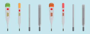 Termometre seti. Modern çizgi film ikonu tasarım şablonu mavi arkaplanda izole edilmiş düz tasarım vektör çizimi