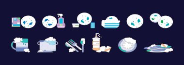 Kirli bulaşık takımı. Modern karikatür ikonu tasarım şablonu ve çeşitli modeller. Mavi arkaplanda izole edilmiş vektör illüstrasyonu