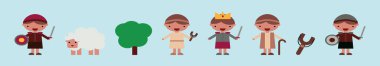 David Goliath 'ın Eski Ahit İncili hikayesi. Modern karikatür ikonu tasarım şablonu ve çeşitli modeller. Mavi arkaplanda izole edilmiş vektör illüstrasyonu