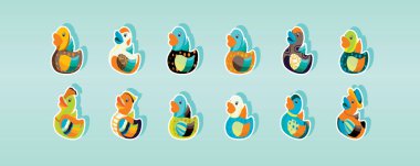 Ördek seti. Modern karikatür ikonu tasarım şablonu ve çeşitli modeller. Mavi arkaplanda izole edilmiş vektör illüstrasyonu