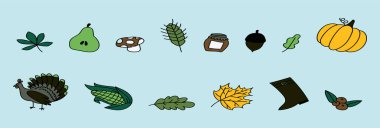 Balkabağı ve yapraklı sonbahar festivali elementi. Çeşitli modellerle karikatür ikonu tasarım şablonları. modern vektör illüstrasyonu mavi arkaplanda izole edildi