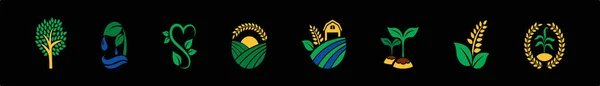 一套农家标志或徽章复古 卡通人物设计模板与各种模型 在黑色背景上孤立的现代矢量图解 — 图库矢量图片