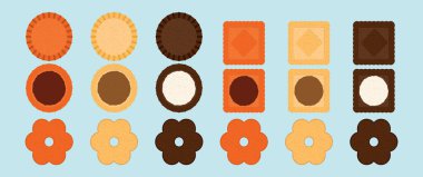 Kurabiye takımı. mavi arkaplanda izole edilmiş çeşitli modeller vektör illüstrasyonuna sahip modern çizgi film ikonu tasarım şablonu