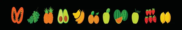 果物のセット 様々なモデルの現代的な漫画のアイコンデザインテンプレート 黒を背景にしたベクトル図 — ストックベクタ