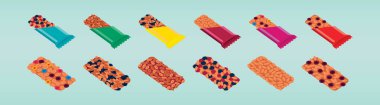 Paketli granola bar seti. Modern karikatür ikonu tasarım şablonu ve çeşitli modeller. Mavi arkaplanda izole edilmiş vektör illüstrasyonu