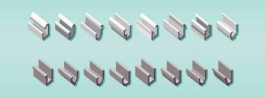 Çatı oluğu ya da yağmur oluğu ve drenaj seti. Modern karikatür ikonu tasarım şablonu ve çeşitli modeller. Mavi arkaplanda izole edilmiş vektör illüstrasyonu