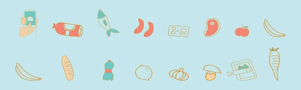 一套食品或食品杂货店 现代漫画图标设计模板与各种型号 在蓝色背景上孤立的向量图 — 图库矢量图片
