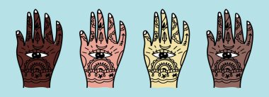 Henna sanatıyla dolu bir el. Modern karikatür ikonu tasarım şablonu ve çeşitli modeller. Mavi arkaplanda izole edilmiş vektör illüstrasyonu