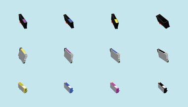 Çizgi film tarzında mürekkep kartuşları. Çeşitli modellerle karikatür ikonu tasarım şablonu. modern vektör illüstrasyonu mavi arkaplanda izole edildi