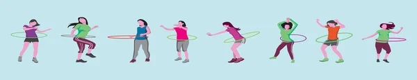 Ilustracja Ćwiczącej Kobiety Hula Hoop Wzór Ikony Kreskówki Różnych Modeli — Wektor stockowy