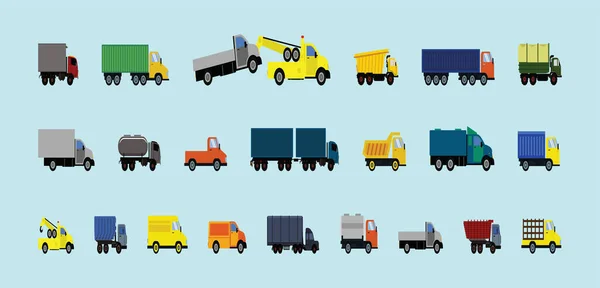 Σύνολο Βιομηχανικών Φορτηγών Αυτοκινήτων Pick Και Περισσότερο Εικονίδιο Κινουμένων Σχεδίων — Διανυσματικό Αρχείο
