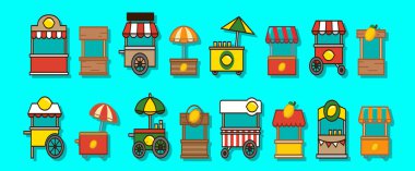 Bir dizi limonata standı karikatür tasarım şablonu ve çeşitli modeller. modern vektör illüstrasyonu mavi arkaplanda izole edildi