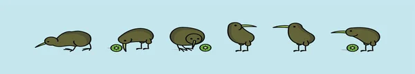 かわいいキウイ鳥のセット 様々なモデルの漫画アイコンデザインテンプレート 青の背景に隔離された現代のベクターイラスト — ストックベクタ