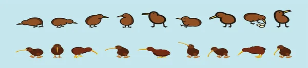 かわいいキウイ鳥のセット 様々なモデルの漫画アイコンデザインテンプレート 青の背景に隔離された現代のベクターイラスト — ストックベクタ