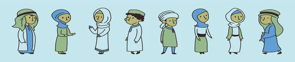 Müslüman Muslimah Şirin Çocuklar Slami Karikatür Tasarım Şablonu Çeşitli Modeller — Stok Vektör