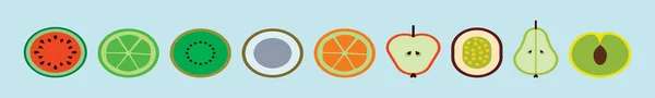 一套激情水果 卡通人物设计模板与各种型号 蓝色背景上孤立的现代矢量图解 — 图库矢量图片