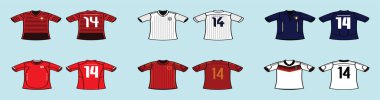 Portekiz, İspanya ve İtalya futbol takımları, futbol forması için gömlek şablonu. mavi arkaplanda izole edilmiş çeşitli modeller modern vektör illüstrasyonuna sahip çizgi film simgesi tasarım şablonu