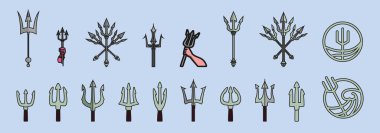 Dairesel üç çatallı neptün tanrısı pozeidon triton kral logo simgesi ikon tasarım şablonu çeşitli modeller. modern vektör illüstrasyonu mavi arkaplanda izole edildi