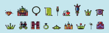 Prenses elementi. Şato, taç ve daha fazlası. Çeşitli modellerle karikatür ikonu tasarım şablonu. modern vektör illüstrasyonu mavi arkaplanda izole edildi