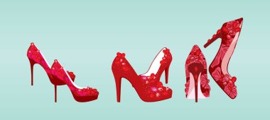 Bayan ayakkabıları ayarla. Çeşitli modellerle karikatür ikonu tasarım şablonu. modern vektör illüstrasyonu mavi arkaplanda izole edildi