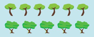 Çeşitli modellerle ağaç karikatürü dizayn şablonu. modern vektör illüstrasyonu mavi arkaplanda izole edildi