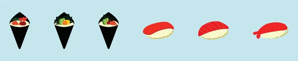 天麻寿司美味的食品卡通图标设计模板与各种型号 蓝色背景上孤立的现代矢量图解 — 图库矢量图片
