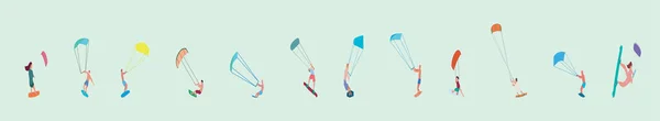 一套风筝冲浪者卡通图标设计模板与各种型号 蓝色背景上孤立的现代矢量图解 — 图库矢量图片
