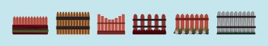Ahşap çitler karikatür ikonu tasarım şablonu ve çeşitli modeller. modern vektör illüstrasyonu mavi arkaplanda izole edildi