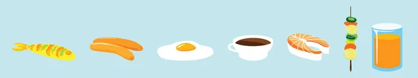 様々なモデルの朝食メニュー漫画アイコンデザインテンプレートのセット 青の背景に隔離された現代のベクターイラスト — ストックベクタ