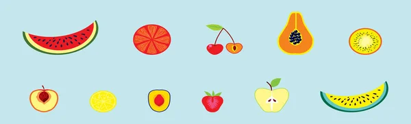 一组不同型号的水果卡通图标设计模板 蓝色背景上孤立的现代矢量图解 — 图库矢量图片