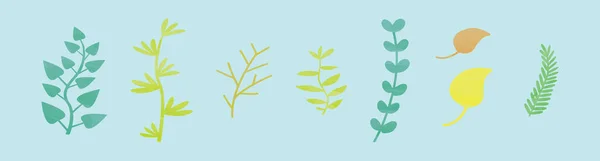 一组植物与叶子卡通图标设计模板与各种模型 蓝色背景上孤立的现代矢量图解 — 图库矢量图片