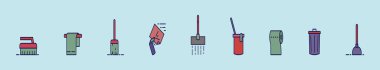 Çeşitli modellerle temizleme araçları karikatür simgesi dizayn şablonları. modern vektör illüstrasyonu mavi arkaplanda izole edildi