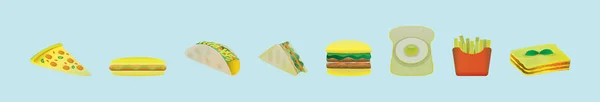 一套带有各种模型的食品卡通图标设计模板 蓝色背景上孤立的现代矢量图解 — 图库矢量图片