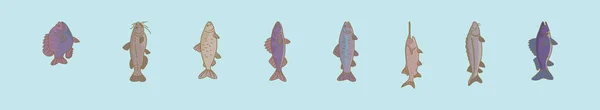 Conjunto Pescado Fresco Icono Dibujos Animados Plantilla Diseño Con Varios — Vector de stock