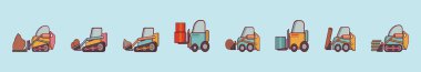 Skid steer karikatür ikon tasarım şablonu ve çeşitli modeller. modern vektör illüstrasyonu mavi arkaplanda izole edildi