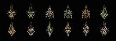 Bir dizi ince çizgili çizgi film ikonu tasarım şablonu ve çeşitli modeller. modern vektör çizimi siyah arkaplanda izole edildi