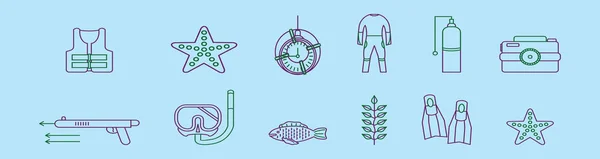 Conjunto Plantillas Diseño Icono Dibujos Animados Pesca Submarina Con Varios — Vector de stock