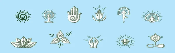 Conjunto Plantilla Diseño Iconos Dibujos Animados Yoga Con Varios Modelos — Archivo Imágenes Vectoriales