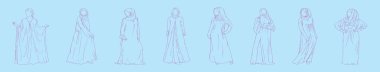 Bir dizi abaya moda karikatür tasarım şablonu ve çeşitli modeller. modern vektör illüstrasyonu mavi arkaplanda izole edildi