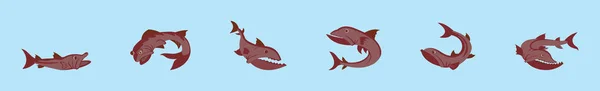 バラクーダ魚漫画のアイコンデザインテンプレートのセットです 青の背景に隔離された現代のベクターイラスト — ストックベクタ